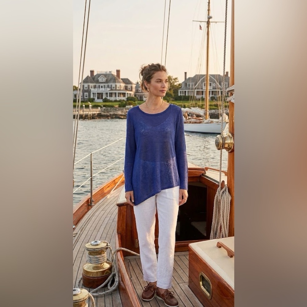 EILEEN FISHER scoop neck Blue Long Sleeve pull over Top asymmetrical hem large